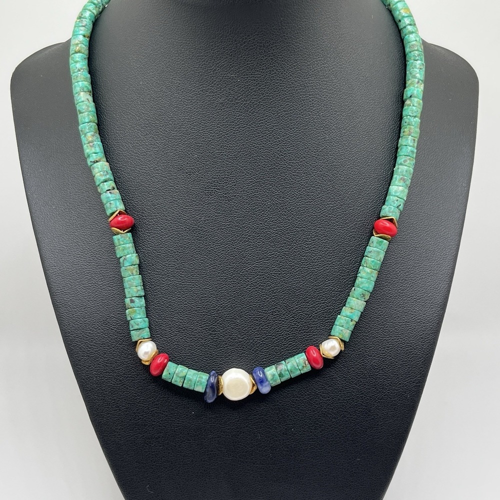 Beautiful Artisan Freshwater Pearls w/ Blue Green & Red Stones Necklace 19"